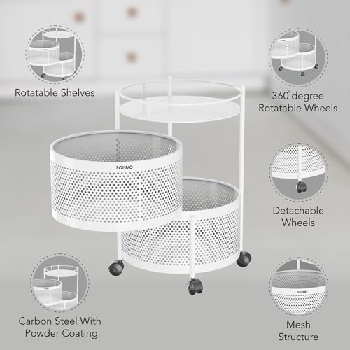 Image of Amazon Brand - Solimo 360 Revolving Preassembled Portable 2 Layer Round Multipurpose Storage Kitchen Rack Carbon Steel Fruit Vegetable & Spice Trolley with Wheels for Kitchen Organizer(Matte, White)
