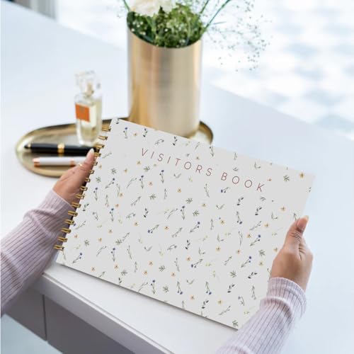 Image of Visitor Book - 8 x 12 Inches | Small Flower Pattern Wire Bound Guest Register for Hotels, Offices, Exhibitions & Business Use | Medium Size Visitor Log Book for Reception & Front Desk