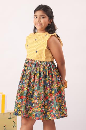 Image of Kids Girls Printed Embroidered Fusion Dress | Handmade Crafted Designer Ethnic Wear | 100% Cotton