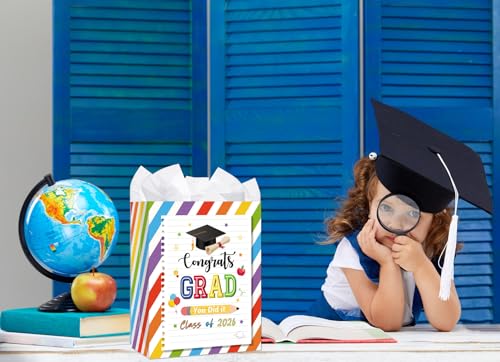 HEYINSHEN Kindergarten Graduation Gift Bags with Handle Class of 2026 Pre-K Preschool Graduation Gift Bags for Kids Girls Boys Congrats Gard You Did It Paper Bag with Tissue Graduations Party Supplies