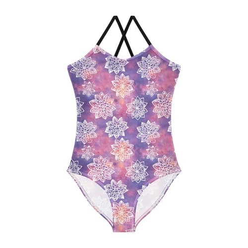 senya Girls Swimsuits One-Piece Swimwear Tie Bathing Suit Beach Summer Round Neck 7-8T Tie Dye Line Drawing Mandala