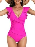 B2prity Women's One Piece Swimsuit Ruffle Slimming Tummy Control Bathing Suit Criss Cross High Waist 1 Piece Swimwear Hot Pink