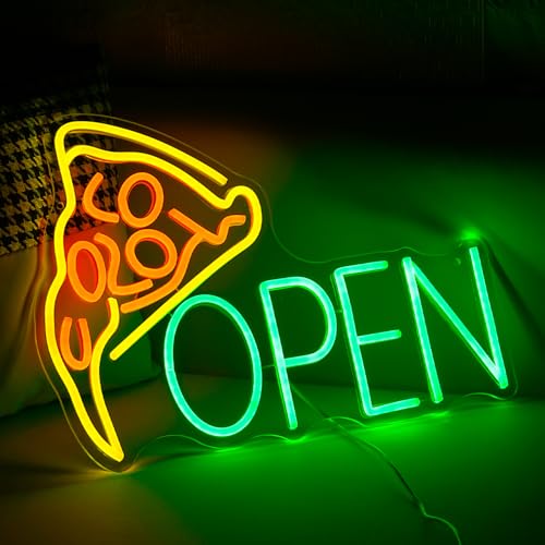 Image of Pizza Neon Sign, Open Neon Light for Business Wall Decor, Dimmable LED Neon Pizza Open Sign for Restaurant, Home Kitchen, Game Room Decor