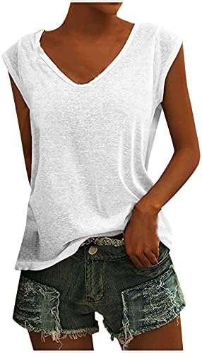 Appoi V-Neck Shirts for Women Casual Summer Cap Sleeve Tops Loose Fitting Solid Color Tunic Tee White