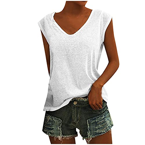 Appoi V-Neck Shirts For Women Casual Summer Cap Sleeve Tops Loose Fitting Solid Color Tunic Tee White #TOP21