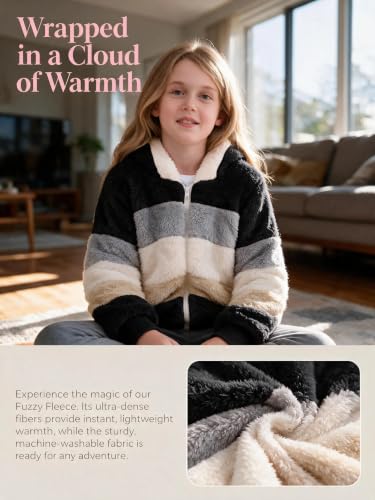 Image of Girls Fleece Jackets Kids Sherpa Fuzzy Zip up Hoodie Fall Winter Contrast color Pullover Sweatshirt 4-12 Years