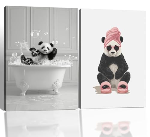 Framed Panda Bathroom Wall Art Set Of 2 Cute Pink Panda Canvas Prints For Bathroom Decor Kids Room Bedroom Laundry Room Spa Wall Decor Ready To Hang 12 X 16 Inches