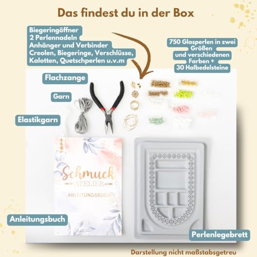 TOPP Die wunderbare Kreativbox Schmuckatelier. Anleitungsbuch (32 S.), Flachzange, Biegeringöffner, Perlennadeln, Perlenlegebrett, über 800 Perlen und Schmuckaccessoires