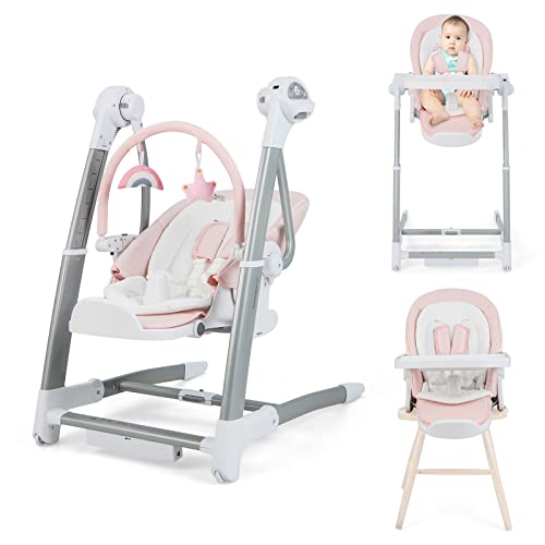 Image of BABY JOY Baby Swings for Infants, 3 in 1 Foldable High Chair w/ 8 Adjustable Height, 5-Position Backrest, 3 Timer Settings, 12 Melodies and 5 Natural Sounds, Booster Seat for Dining Table (Pink)