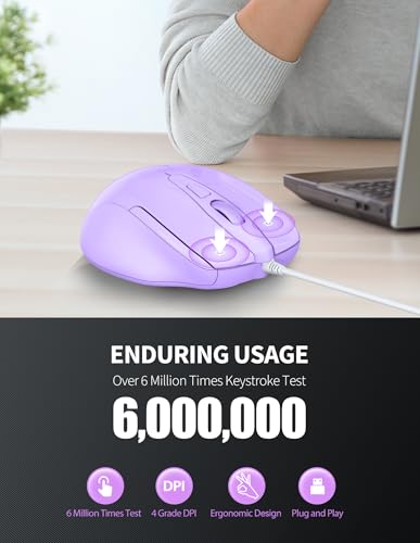 Image of TECKNET Wired Mouse, 6-Button Corded with 4 Adjustable DPI, Optical Ergonomic Design, 5FT Cord for Laptop, Chromebook, PC, Desktop, Mac, Notebook - LT.Purple
