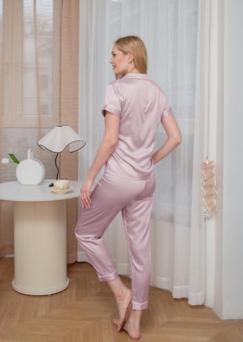 Image of WJing Yi Jia Womens Pajamas Set XS-4XL Floral Silk Satin Pajama Sets Silky Pj Sets 2Pcs Loungewear Sleepwear Button Down Pjs