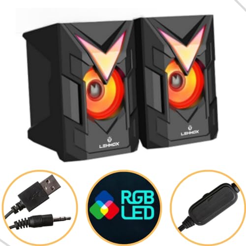 Caixa de Som Pc Computador 10W Gamer Notebook Som Estereo, cor Preto, com Usb P2 Led RGB, Alto-Falan