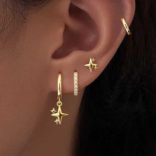 Image of Small Gold Huggie Hoop Earrings Set for Women Men Hypoallergenic 14K Plated Stack Cartilage Earrings, Sterling Silver Multiple Piercing Lightweight Mini Thin Cute Dainty Trendy Jewelry Gifts for Women