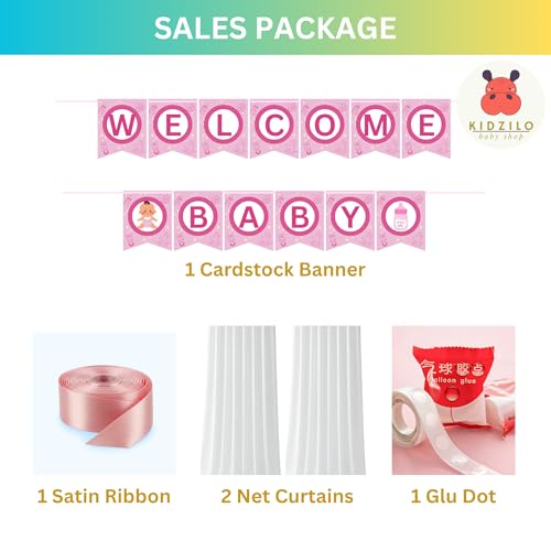 Image of 57 Pcs Welcome Baby Girl Decoration Kit | Balloons, Banner, Curtains, Foils, Stars, Hearts, Ribbon & Confetti for Baby Shower & Newborn Celebration Set 07