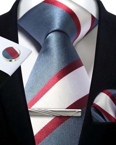 Image of Striped Plaid Polka Dot Mens Tie Formal Necktie Pocket Squares Ties Clips Cufflinks Classic for Men Set