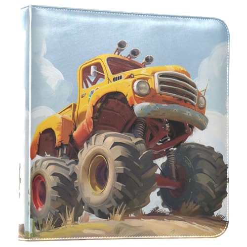 JIPONI Cartoon Monster Trucks Yellow Large Photo Album, DIY Leather Cover Scrapbook Albums for 4x6 5x7 6x8 Pictures, Self Adhesive Memory Book for Wedding, Baby, Family
