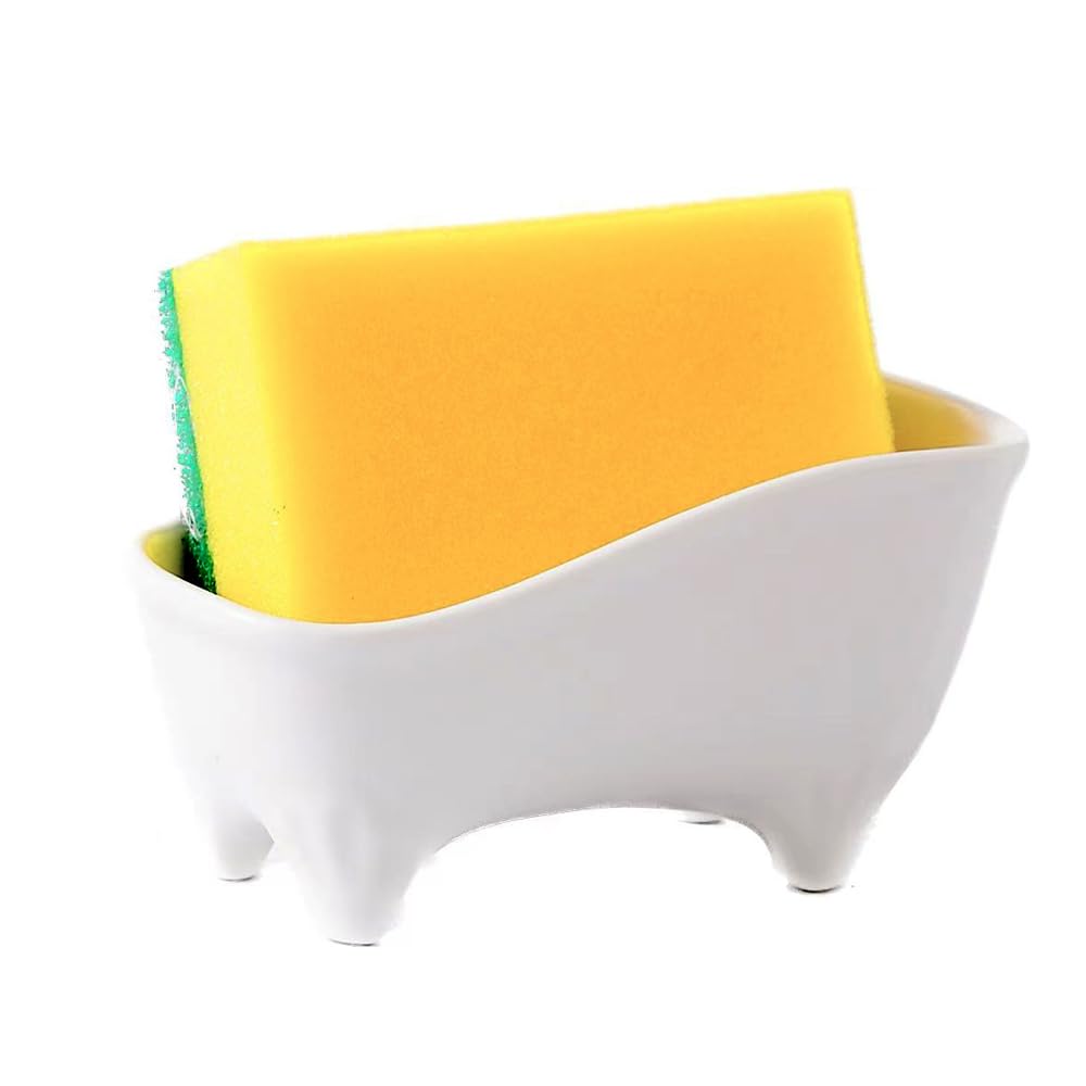 Ceramic Sponge Holder for Kitchen Sink Compact Sink Caddy Organizer - Scrub Daddy Compatible Dish Sponge Holder White