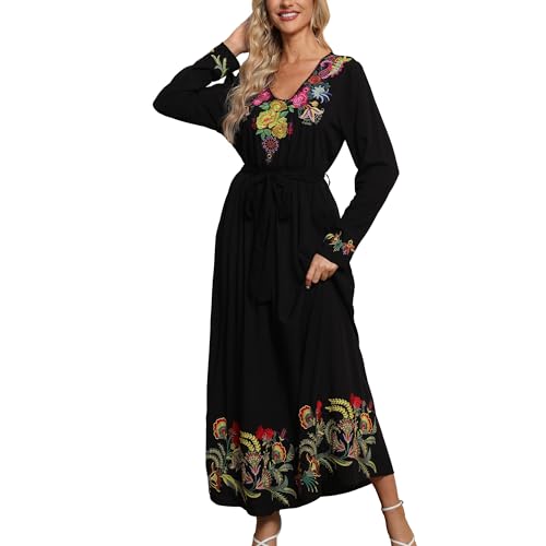 Grosy Women Long Sleeve Embroidered Mexican Dress for Fall Spring Peasant Traditional Floral Boho Smocked Maxi Dresses3