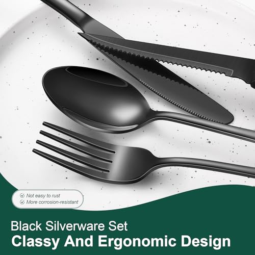 Image of 24-Piece Black Silverware Set with Steak Knives Black Stainless Steel Flatware Set for 4 Food Grade Tableware Cutlery Set Rust-proof, Mirror Polished, Dishwasher Safe