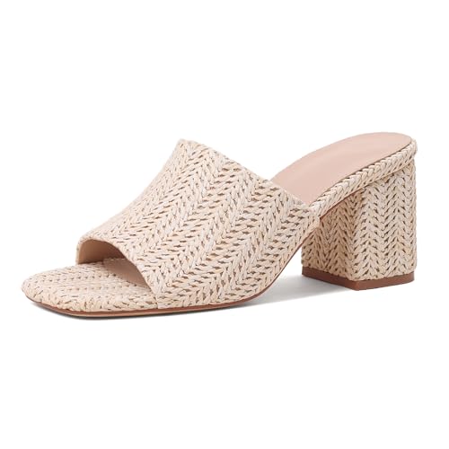 Image of Ancomafio Heeled Sandals for Women，Raffia Sandals 2026 Chunky Heels Square Toe Mules Block Summer Shoes Slip On