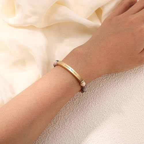 MeMeDIY Personalized Bracelets for Women Natural Stone Stretch Bracelet Stainless Steel Bar Engraved Name Inspirational Message 7.5" Beaded Stretch Bracelet2