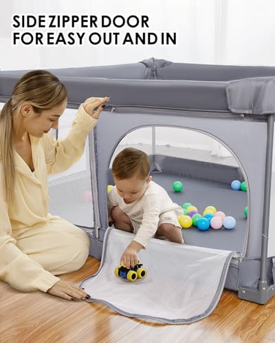 Image of Veraste Foldable Baby Playpen, 51 inchx51 inch Indoor & Outdoor Play Yard with Single-Joint Frame, Breathable Mesh, Non-Slip Base, Portable Playpen for Toddlers and Infants (Grey)