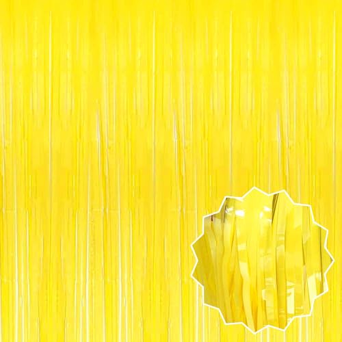 Image of 3 Pack Macaron Yellow Foil Fringe Curtains Backdrop, 3.28 x 9.8 Ft Metallic Streamers Tinsel Curtains Background for Photo Booth, Birthday, Halloween, Christmas, New Year Party Decorations