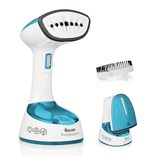 Swan SI12030N Foldable Garment Steamer with Removable Brush Attachments, Lightweight, 120ml Water Tank, 1470 Watts, White and Blue