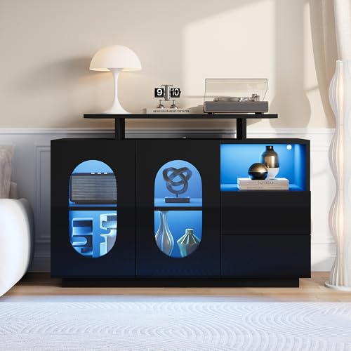 REXO Elegante aparador LED negro de 100 x 50 x 40 cm con puertas de cristal ovaladas y frontal brillante. Diseño moderno con mucho espacio de almacenamiento. Ideal como vitrina, aparador o minibar
