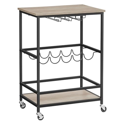VASAGLE Servierwagen, Barwagen, Weinregal auf Rollen, Küchenwagen, Weinglashalter, Flaschenhalter, 40 x 60 x 82 cm, Industrie-Design, Greige meliert-schwarz LRC087B02