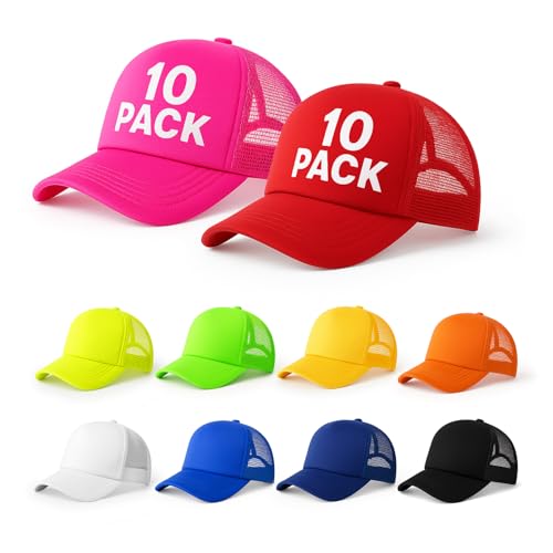 HEGFUIA 10 Pack Blank Trucker Hats Bulk Adjustable Classic Mesh Snapback Caps for Men Women Plain Baseball Hats for DIY Heat Transfer Vinyl HTV Embroidery Team Events
