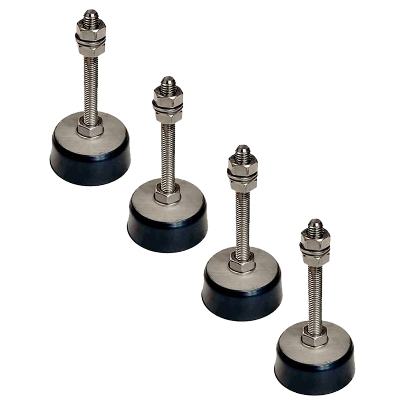 Patas Nivelación Industriales, 115 mm alto, regulación de 35 a 105 mm. Peso soportado: 150 kg por pata. Diámetro goma 60 mm. Rosca M10, Antivibración y antideslizante, Acero Inoxidable A4, Pack de 4