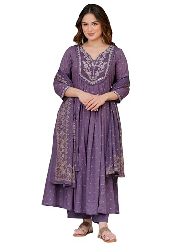 Image of Arayna Women's 100% Pure Cotton Anarkali Kurta Set with Pant & Dupatta | Embroidered Flared Kurta | Elegant Ethnic Suit