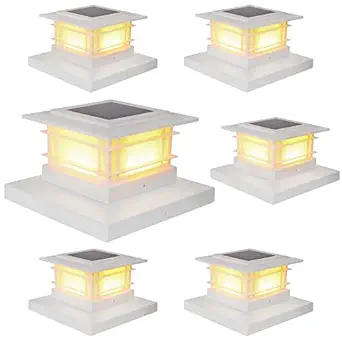Dynaming 6 Pack Solar Post Lights Outdoor, Decorative Post Cap Light, Solar Powered White Shell Caps, High Brightness Warm White LED Lighting for Garden Deck Patio, Fit 4x4, 5x5 or 6x6 Wooden Posts