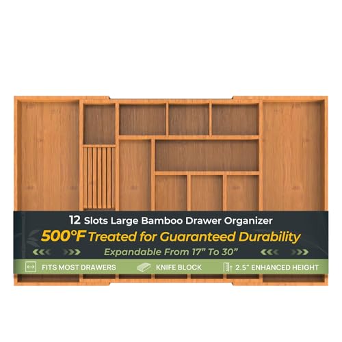 keechee Carbonized Large Bamboo Kitchen Drawer Organizer, 12 Slots Expandable Silverware Organizer, Utensil Holder & Cutlery Tray, 2.5" Deep for Extra Capacity, Non-Slip Feet Included