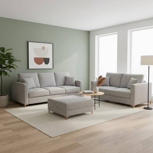 Image of Hayes Rich Velvet Suede 3 Seater + 2 Seater Sofa Set with Ottoman | Golden Aesthetic Legs | 6 Person Seating Capacity | Spacious Soft Touch Comfort | Modern Living Room Sofa (Light Gray)
