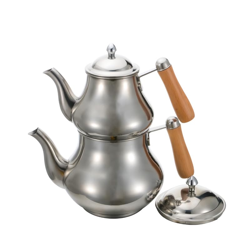 Stainless Steel Samovar, Turkish Tea Maker Double Capacity Kettle With Wooden Handles, Stainless Steel Teapot 750ml 25oz, 1500ml 50oz (Stainless Steel)