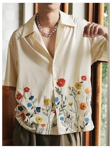 Men's Floral Button Down Shirts Short Sleeve Drop Shoulder Beach Casual Dress Collared Shirts Tops4