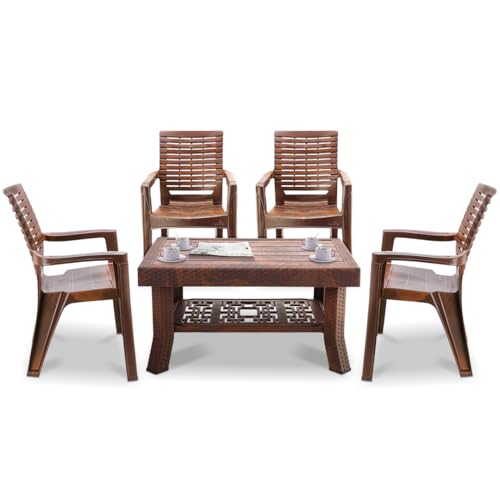 Image of MAHARAJA Heavy-Duty Plastic Chairs & Table | Set of Chairs with Elegant Table | Premium Design, Ideal for All Seasons (Teakwood, 4 Chair+1 Table)