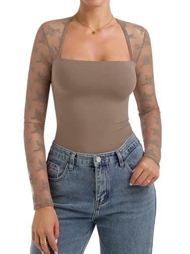 PINKMSTYLE Women Sexy Mesh Sheer Long Sleeve Tops Fitted Double Lined Square Neck Going Out Lace Shirts Latte Medium - image 1