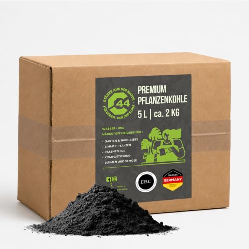C44-5L Premium Pflanzenkohle - EBC-zertifiziertes Biochar für Garten Rasen & Hochbeet - Basis für Terra Preta - Hochporöser Bodenverbesserer & Nährstoffspeicher