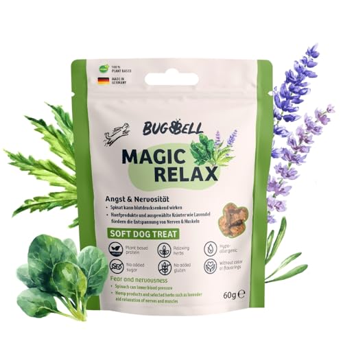 BugBell Softer Hundeleckerli zur Entspannung 60g, bei Angst & Stress, Hypoallergen & Pflanzlich, mit Hanf, Spinat, Fenchel, Kamille