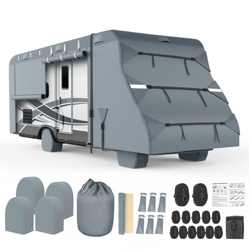 DenForste Class C RV Cover 29-32 Camper Cover Upgraded 8-Layer UV Protected RV Cover Wind and Water Resistant with Extra Harness Tire Cover and Gutter Cover