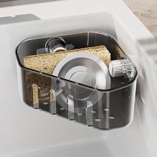 Suction Cup Sink Corner Storage Basket Organizer Rack with Drain Holes, Heavy-Duty No-Drill Plastic Suction Cup Holder Caddy for Kitchen Bathroom Sinkware Sponges Scrubbers Dishware (White)
