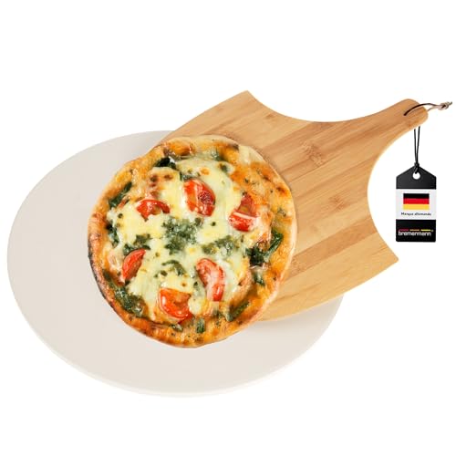 bremermann ensemble pierre à pizza // pierre à pizza avec pelle à pizza // cordiérite, ronde Ø 38 cm // pelle à pizza bambou