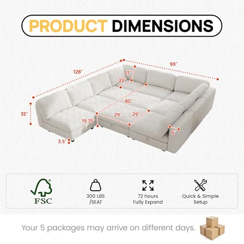 Image of Oversized Modular Sectional Chenille Sofa Bed with Hidden Storage, Comfy Modern 10 Seater Deep Seat Couch, Modular Sectional with Ottoman and Removable Cover for Living Room, Apartment, Beige