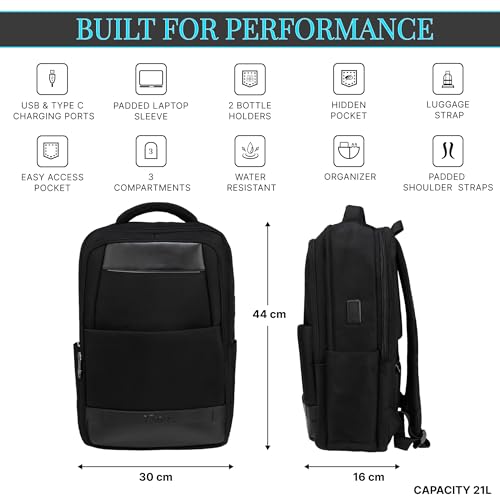 Image of F Gear Brussels Black 21L Premium Laptop Backpack | Fits 17 inch Laptop | USB & Type-C Charging Ports | Lightweight with Tablet Sleeve, 3 Compartments & a Hidden Pocket | Ideal for Office & Travel
