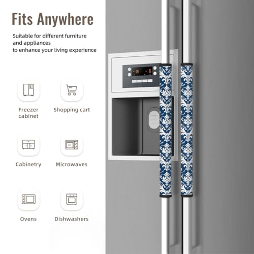 Image of Blue Vintage Refrigerator Door Handle Covers Set of 2, Neoprene Fridge Door Handle Covers Washable Non-Slip Protector for Fridge Dishwasher Appliance Handle Covers, Keep Your Kitchen Clean