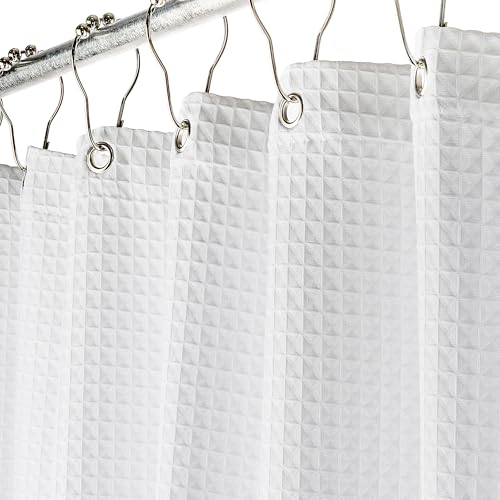 Creative Scents Fabric White Shower Curtain for Bathroom - 72 x 84 Spa, Hotel Luxury Matt Waffle Weave Square Design, Water Repellent, 230 GSM Weighty Cloth, for Decorative Bathroom Curtains