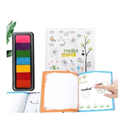 KRIDEZ Finger Painting and Colouring Art Book, Washable Kids Finger Painting Set with Painting Book & 7 Finger Paint, Thumbprint Art and Craft Book for Kids (Pack of 1) (Finger Painting)